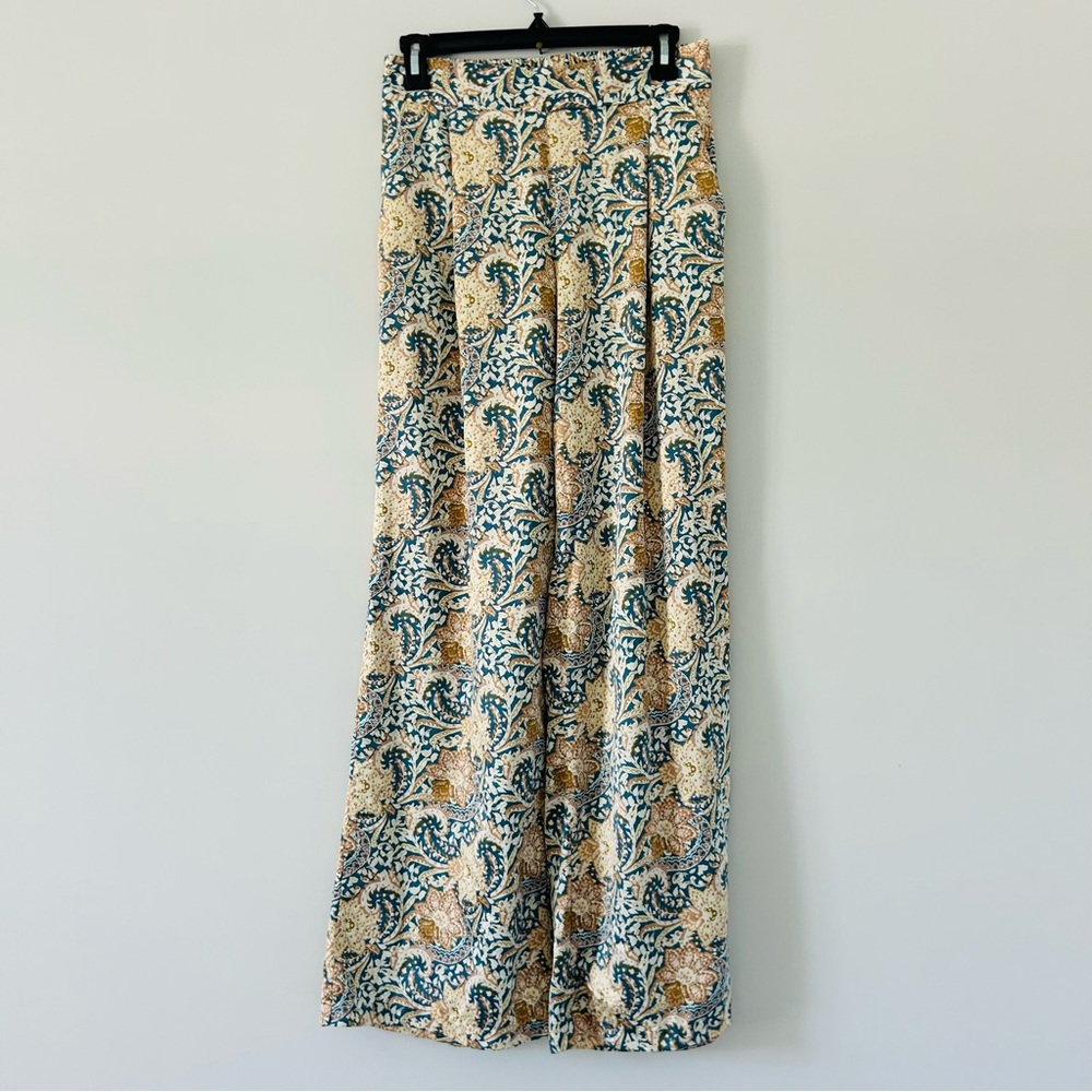 Anthropologie Drew Cream Gold Blue Wide Leg High Rise Boho Trouser Satin Pants S